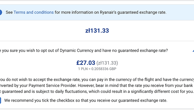 Ryanair's Guaranteed Conversion fee on their website