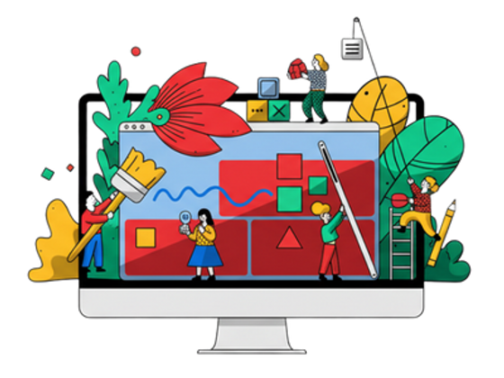 Ilustração colorida de pessoas criando um site em uma tela de computador, simbolizando criatividade e geração de marcas.