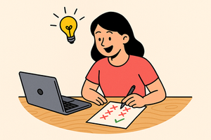 Ilustração colorida em estilo simples e criativo, com contornos finos em preto e fundo claro. Mostra uma mulher de cabelos escuros sentada à mesa, olhando animada para um papel à sua frente. No papel há uma lista com vários X vermelhos e um item final marcado com um check verde. Acima da cabeça da mulher, uma lâmpada acesa simboliza uma ideia ou descoberta. Um laptop está sobre a mesa, e o ambiente transmite leveza e criatividade.