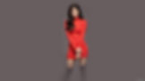 long haired girl in red dress on gray background