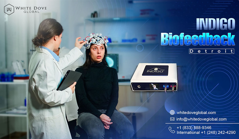 A doctor fits a cap on a woman for a biofeedback session in a lab. The branding reads "Indigo Biofeedback Detroit" with contact info shown.
