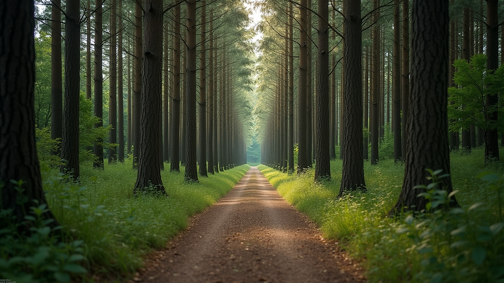 Eye-level view of a serene forest path surrounded by tall trees