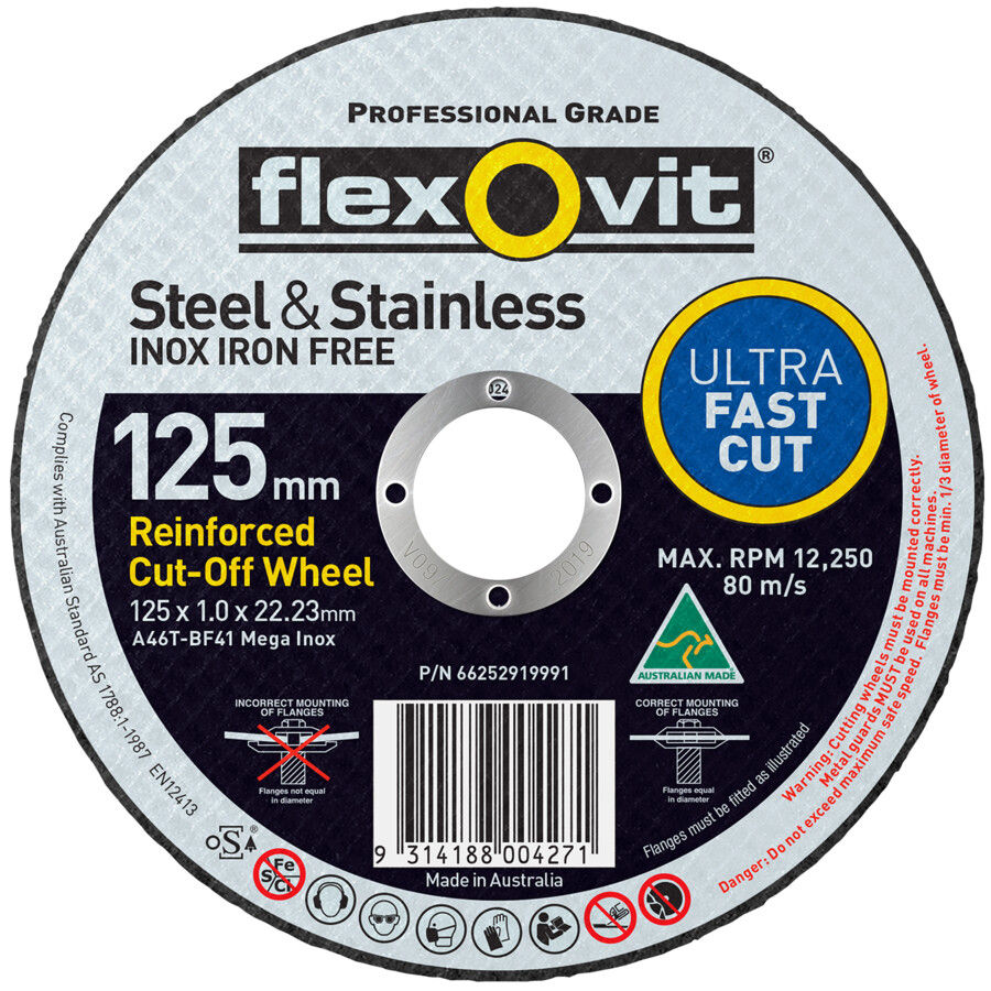 Flexovit Cut Off Wheel Stainless Steel Ultra Thin 125x1.0x22.23mm Box of 100