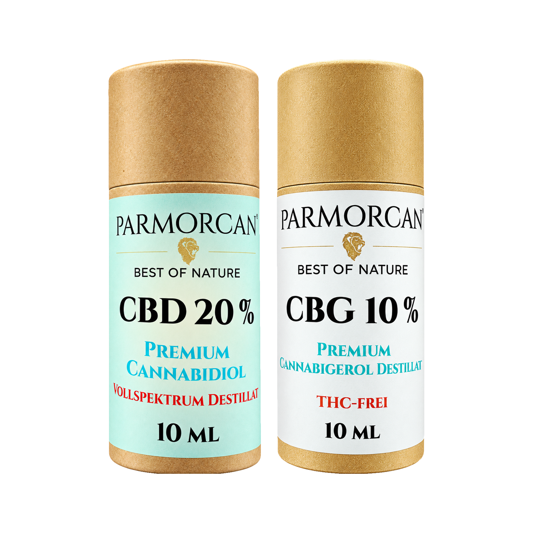 CBD CBG Öl Set mit jeweils einer Rundverpackung 20% CBD Vollspektrum Destillat und 10% CBG Breitspektrum Destillat