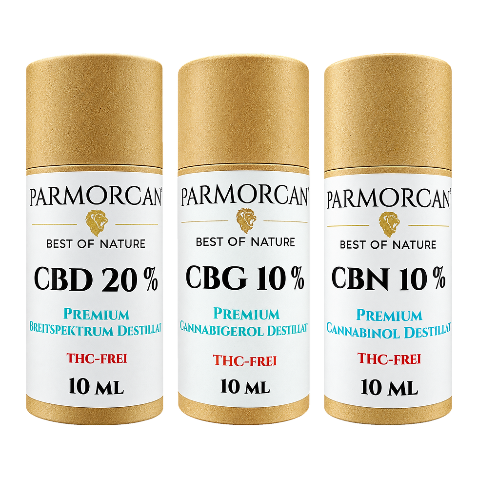 Parmorcan® Breitspektrum-Dreierpack: 20 % CBD, 10 % CBG und 10 % CBN, je 10 ml, drei Rundverpackungen