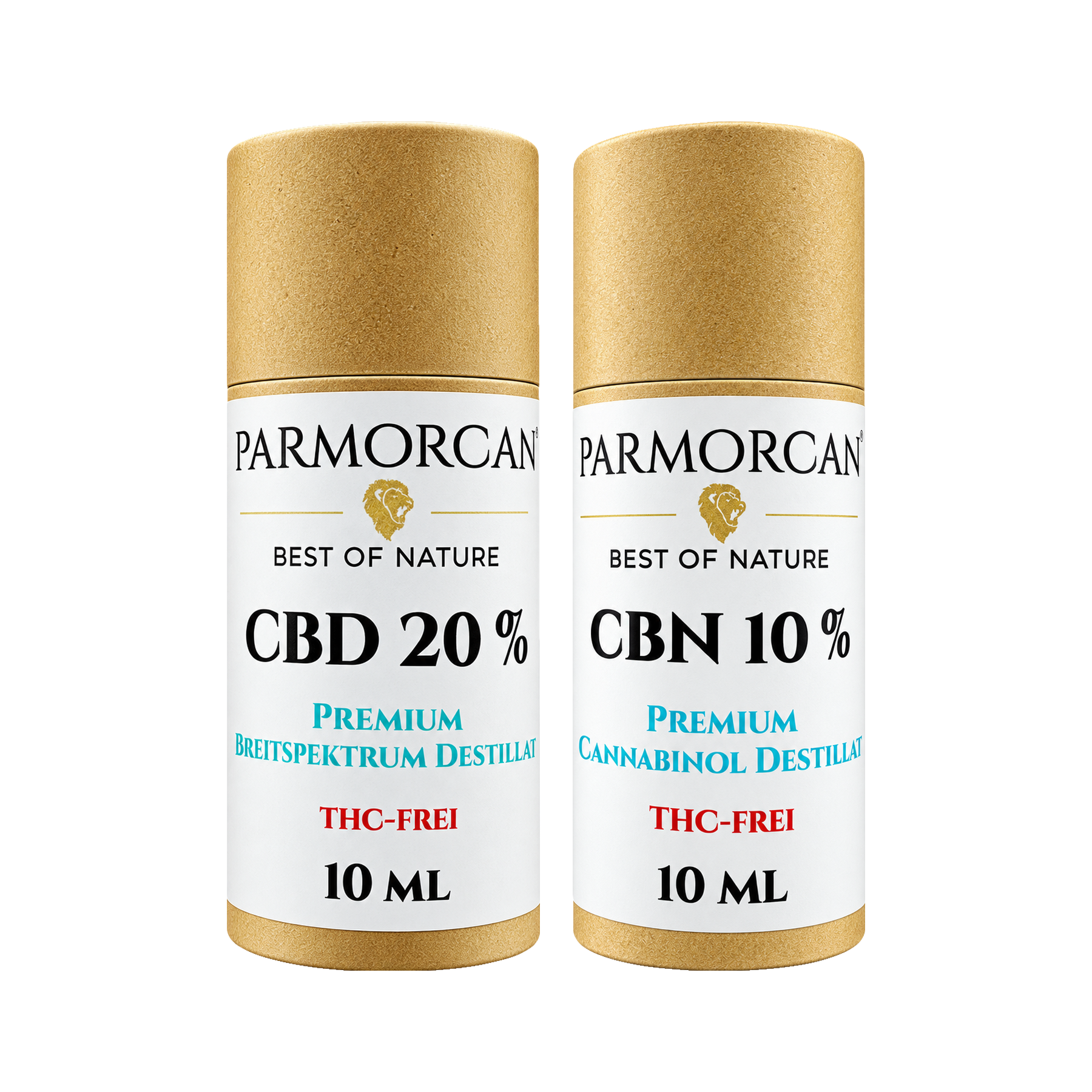 Zwei Rundkarton Verpackungen von 10ml Bio Premium CBD Öl 20% mit 10ml Bio Premium CBN Öl 10%