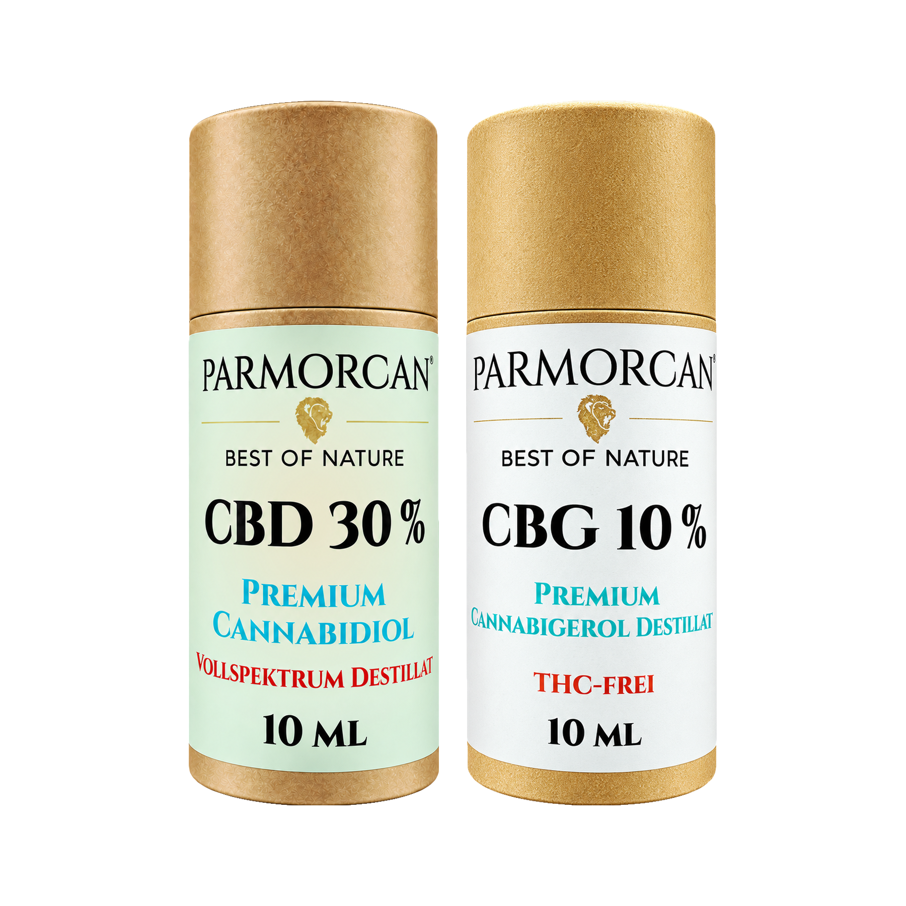 CBD CBG Öl Set mit jeweils einer Rundverpackung 30 % CBD Vollspektrum Destillat und 10 % CBG Breitspektrum Destillat