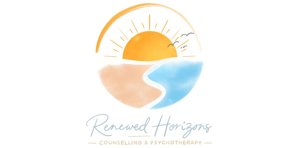 Sunset scene with an orange sun, birds, and blue waves, forming a circle. Text: Renewed Horizons Counselling & Psychotherapy.