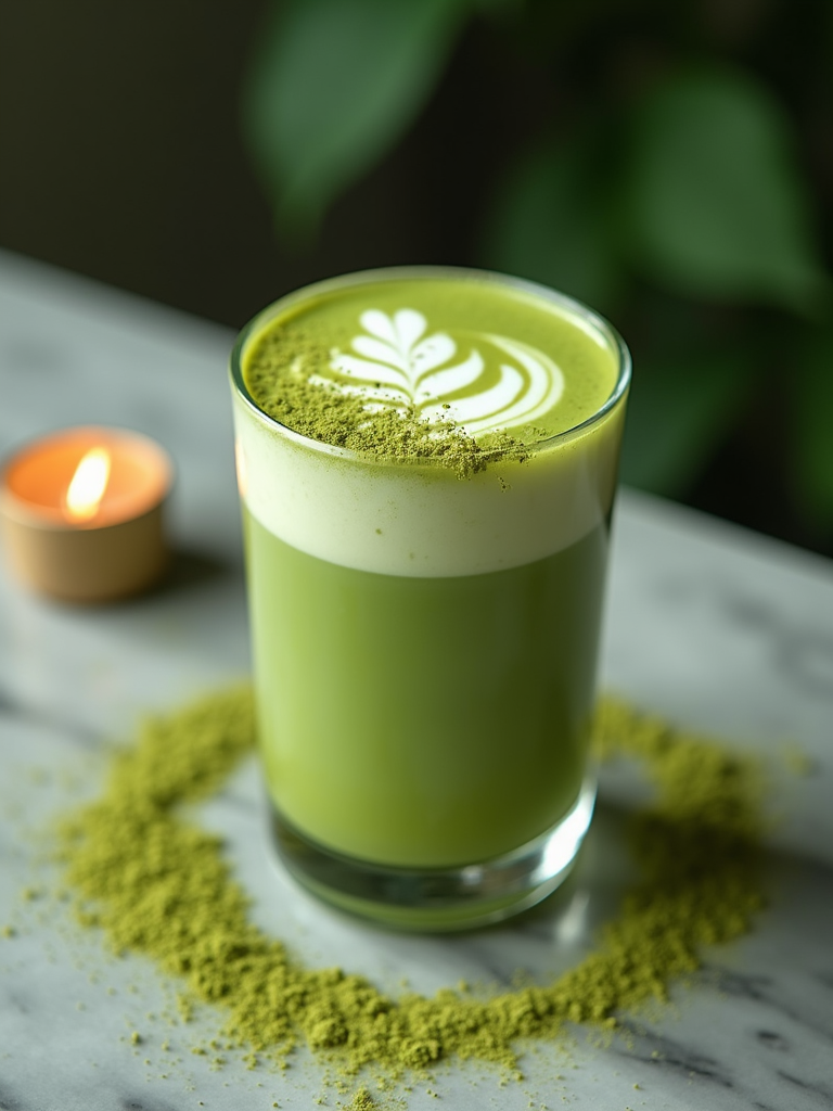 Freshly prepared ceremonial organic matcha tea in a ceramic cup on a wooden table, showing smooth texture and rich green color for calm energy and focus