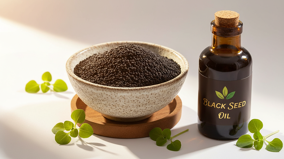 Eye-level view of a small bowl with black seeds and a bottle of black seed oil on a white background
