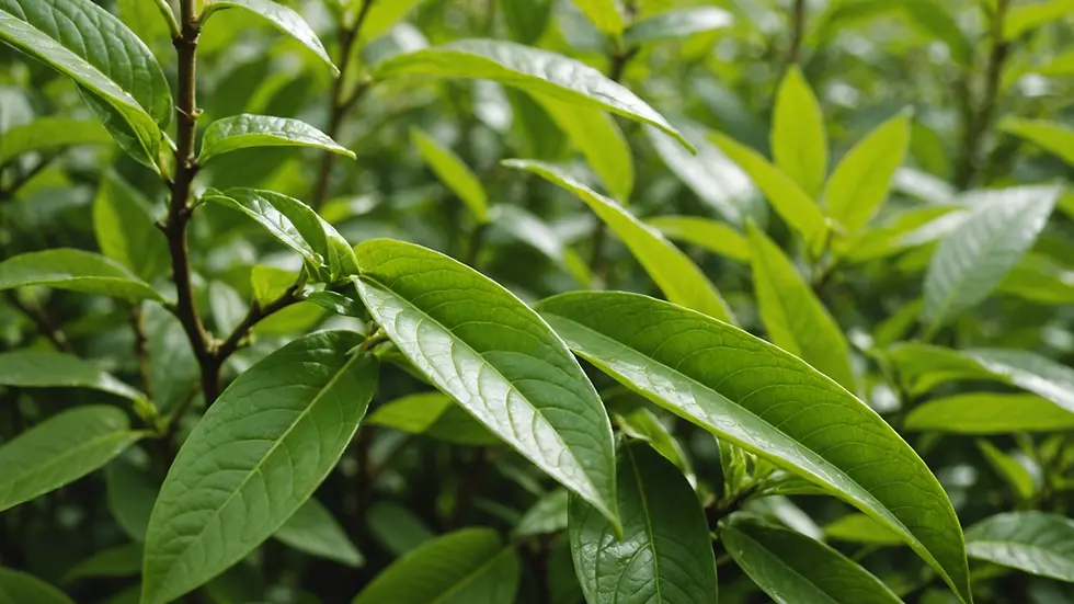 Close-up view of green tea leaves ready for harvest