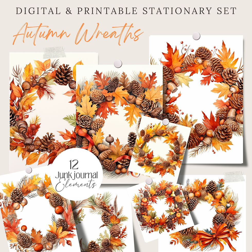 Miniatura: Cozy Autumn Fall Wreaths Clipart | Whimsical Watercolor Stickers, 12 PNG Images,