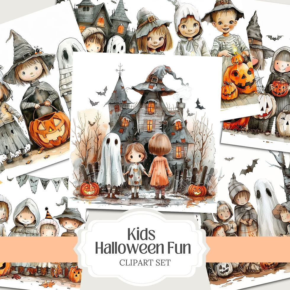 Miniatura: Cute Kids Halloween Fun Clipart | Whimsical Watercolor PNG, Party Invites, Cards