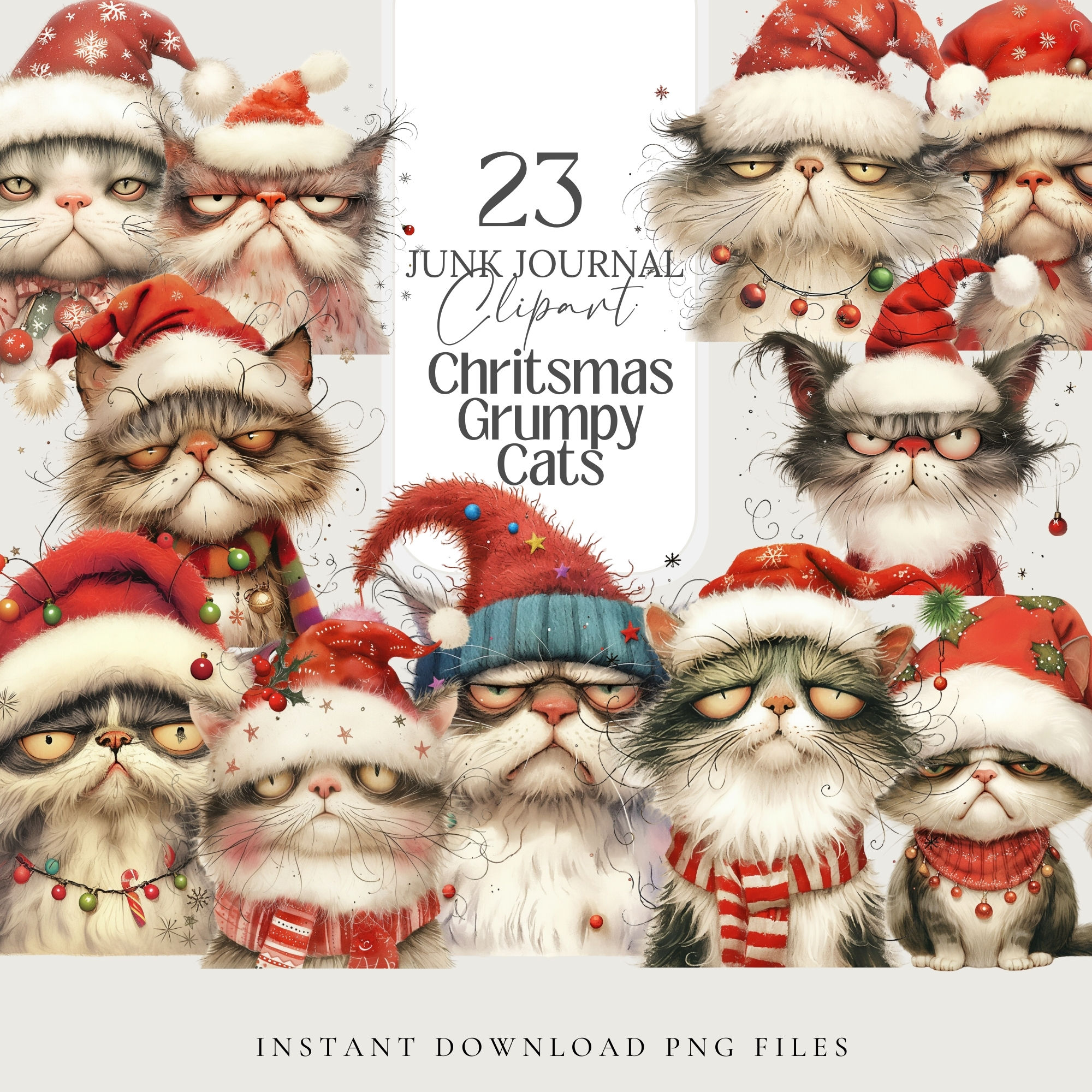 Funny Grumpy Ugly Cat Christmas Clipart | Watercolor Printable PNG