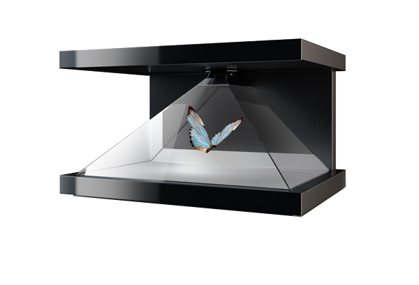 Vitrine holographique pyramidale Dreamoc HD3, 3 faces, combinant produit physique (max 18cm) et contenu vidéo holographique.