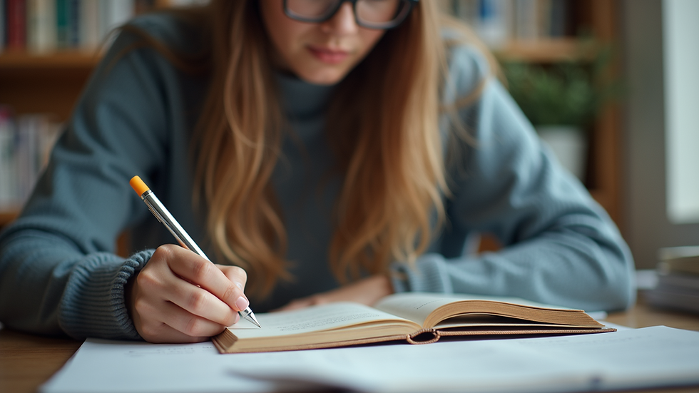 Eye-level view of a student studying with books and notes