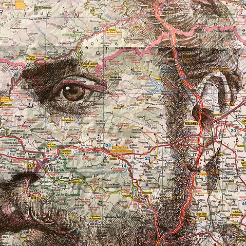 Antoni Gaudi ink portrait on Catalunya map