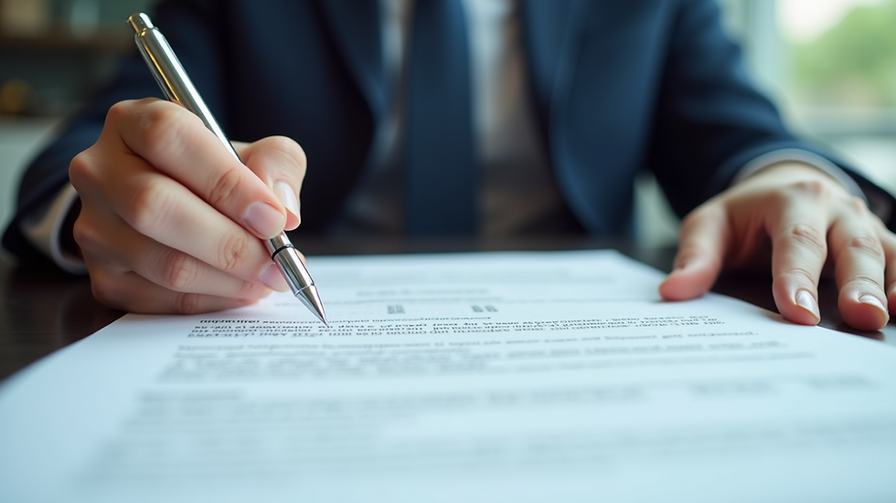 Close-up view of a person reviewing insurance documents with a pen
