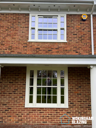 White woodgrain Roseview Heritage sliding sash uPVC windows installed in Wokingham