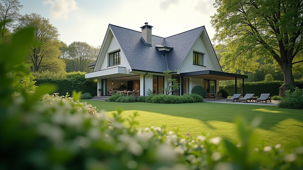 Eye-level view of a modern house with a well-maintained garden