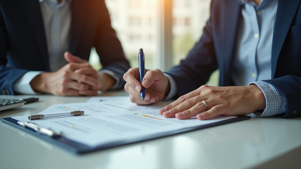 Close-up view of a mortgage broker discussing documents with a client