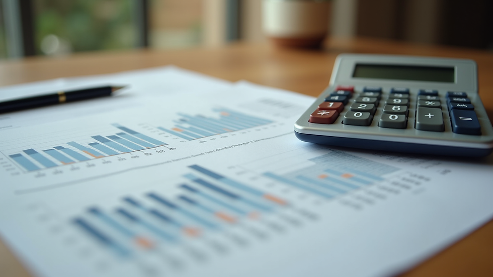 Close-up view of a calculator and financial documents on a wooden desk