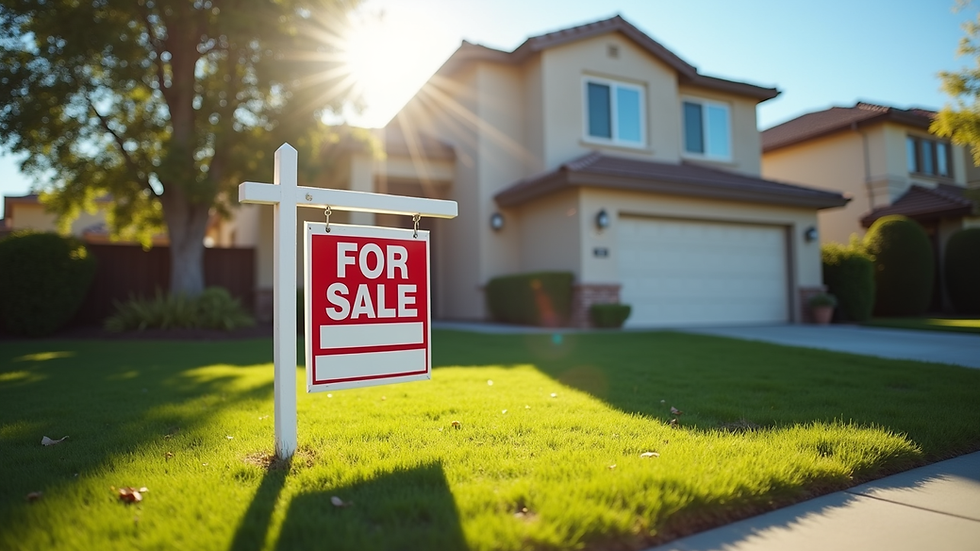 Eye-level view of a suburban house with a "For Sale" sign in the front yard