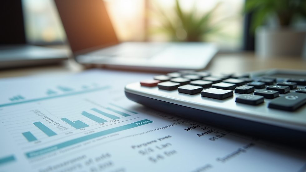 Close-up view of a calculator and financial documents on a desk