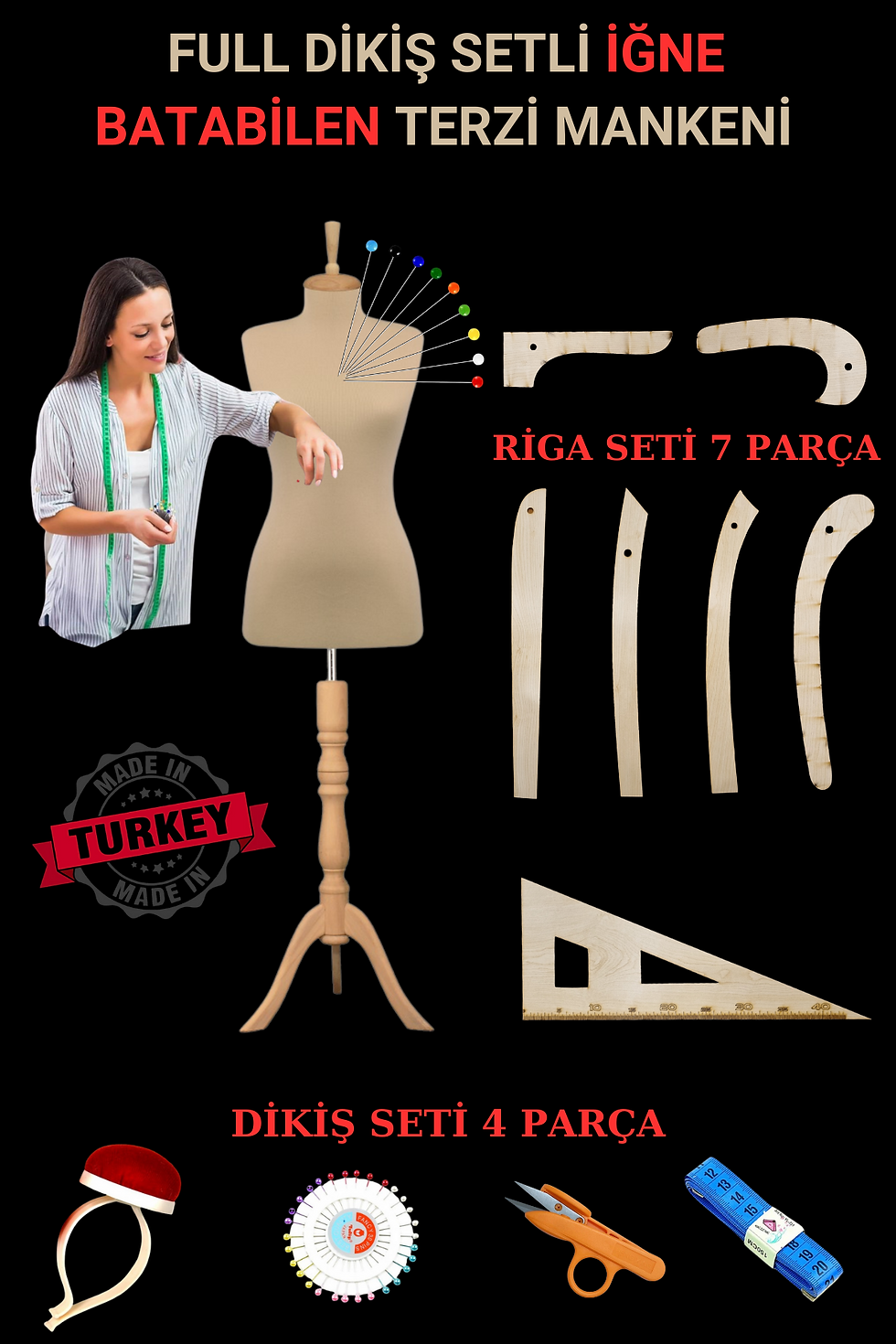 Yatay ve Dikey İğne Batabilen Riga ve Dikiş Setli Terzi Mankeni