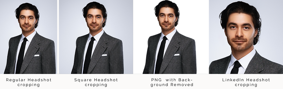 Man in a suit shown in four headshots: regular, square, PNG with no background, and LinkedIn format. Text labels each style.