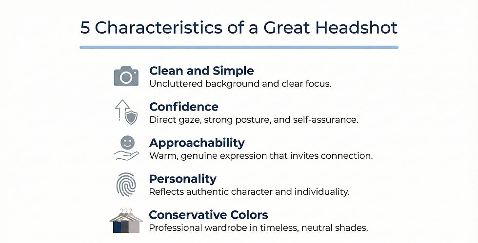 Traits of a great headshot: clarity, confidence, approachability, personality, and neutral colors. Text and icons on a white background.