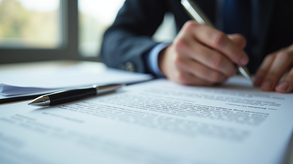 Close-up view of legal documents and a pen on a desk