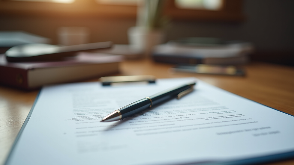 Close-up view of legal documents and a pen on a wooden table in a law office