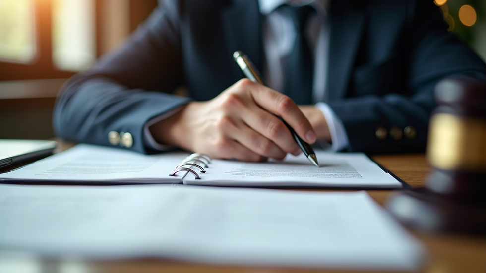 Close-up view of a lawyer's desk with legal documents