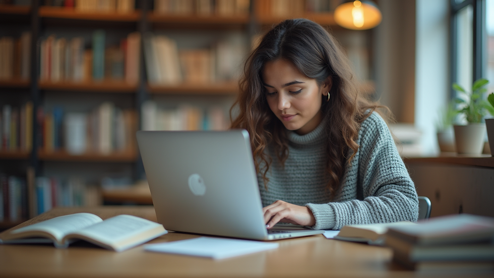Eye-level view of a student studying with books and a laptop