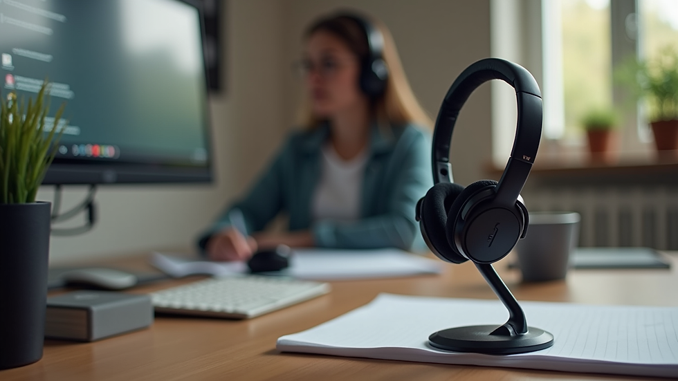 Close-up view of a home office setup with a microphone and headset for online tutoring
