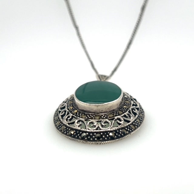 Thumbnail: Sterling Silver Chrysoprase and Marcasite Estate Pendant