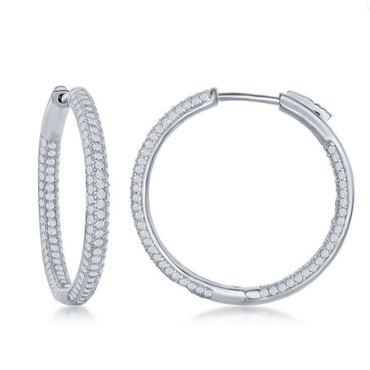 Sterling Silver Inside Out Cubic Zirconia Pave Hoop Earrings