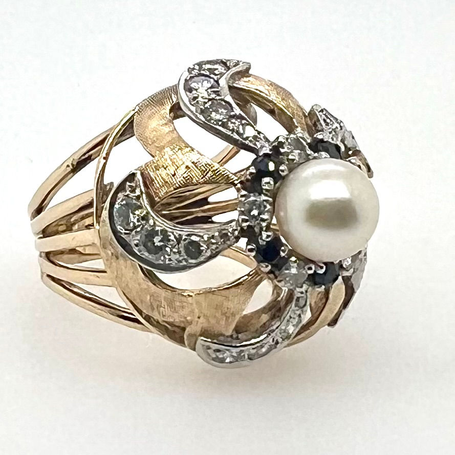 14kt Cultured Pearl, Diamond and Sapphire Estate Ring