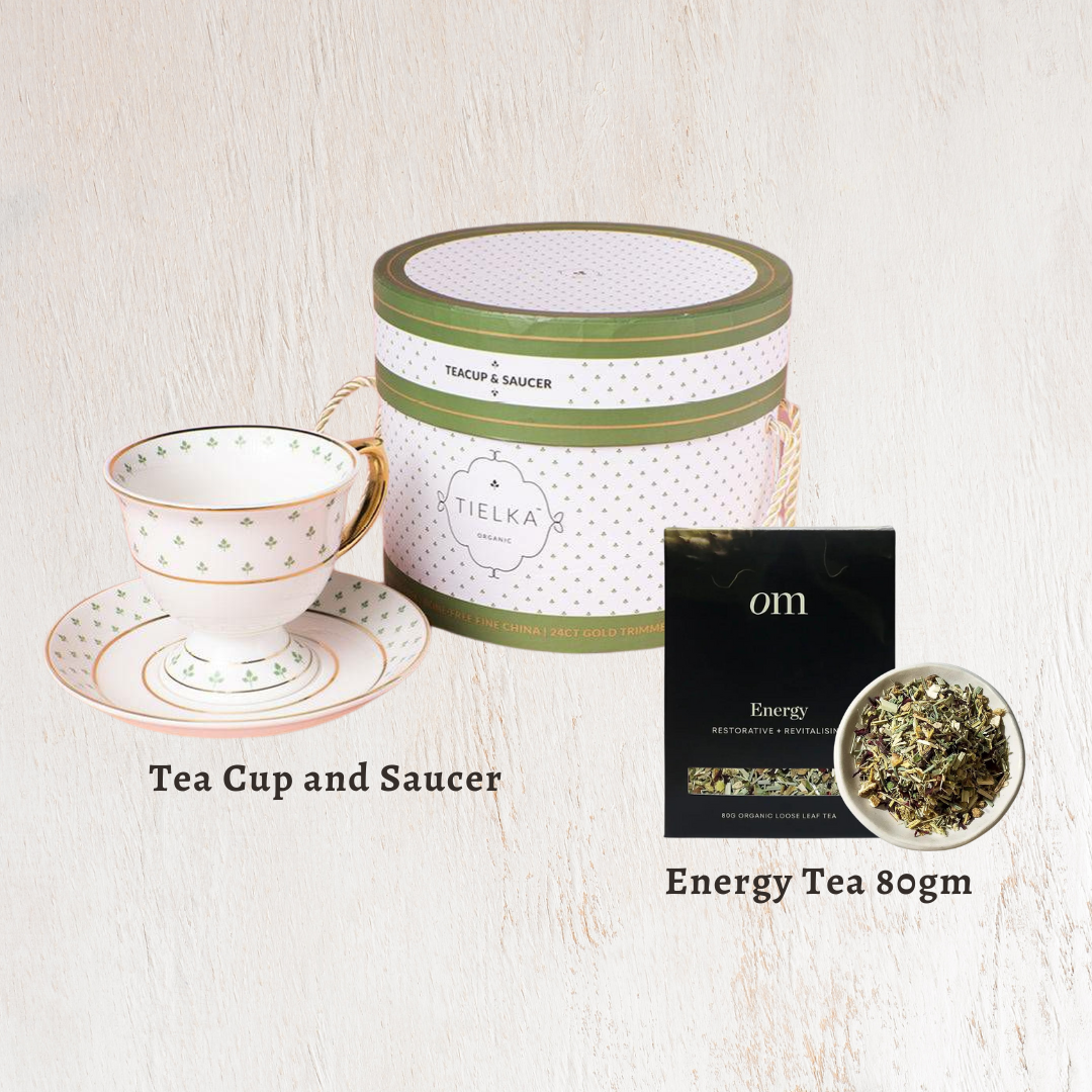 Tea Cup and Saucer and Energy Tea Box