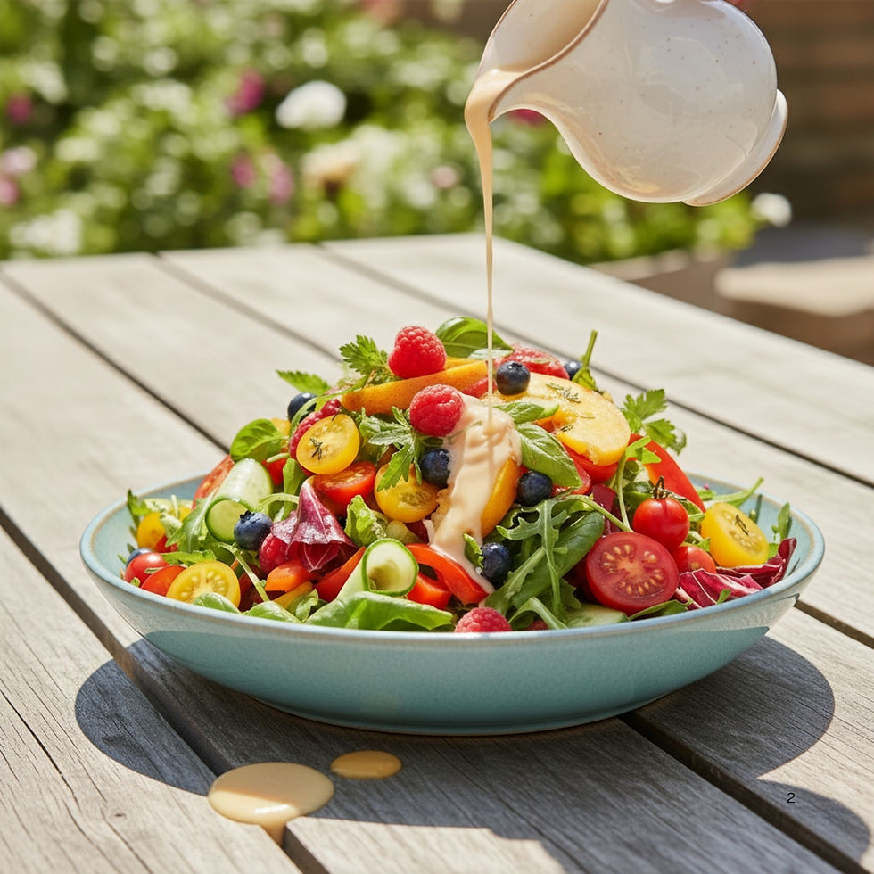 Creamy dressing poured over colourful Aussie summer salad with cherry tomatoes, raspberries, and peaches, perfect for warm Hunter days.