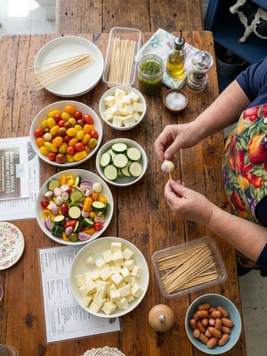 Preparing halloumi and vegetable skewers with fresh ingredients, including capsicum, zucchini, cherry tomatoes, and cheese, on a rustic kitchen table.