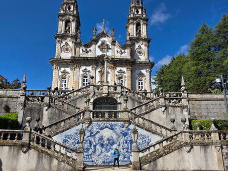 Beautiful Shrine of Our Lady of Remedies in Lamego, Portugal, with grand Baroque stairs and blue tiles for Hidden Gems of Portugal.