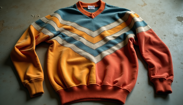 High angle view of a vintage sports sweater laid flat showing worn fabric and faded colors