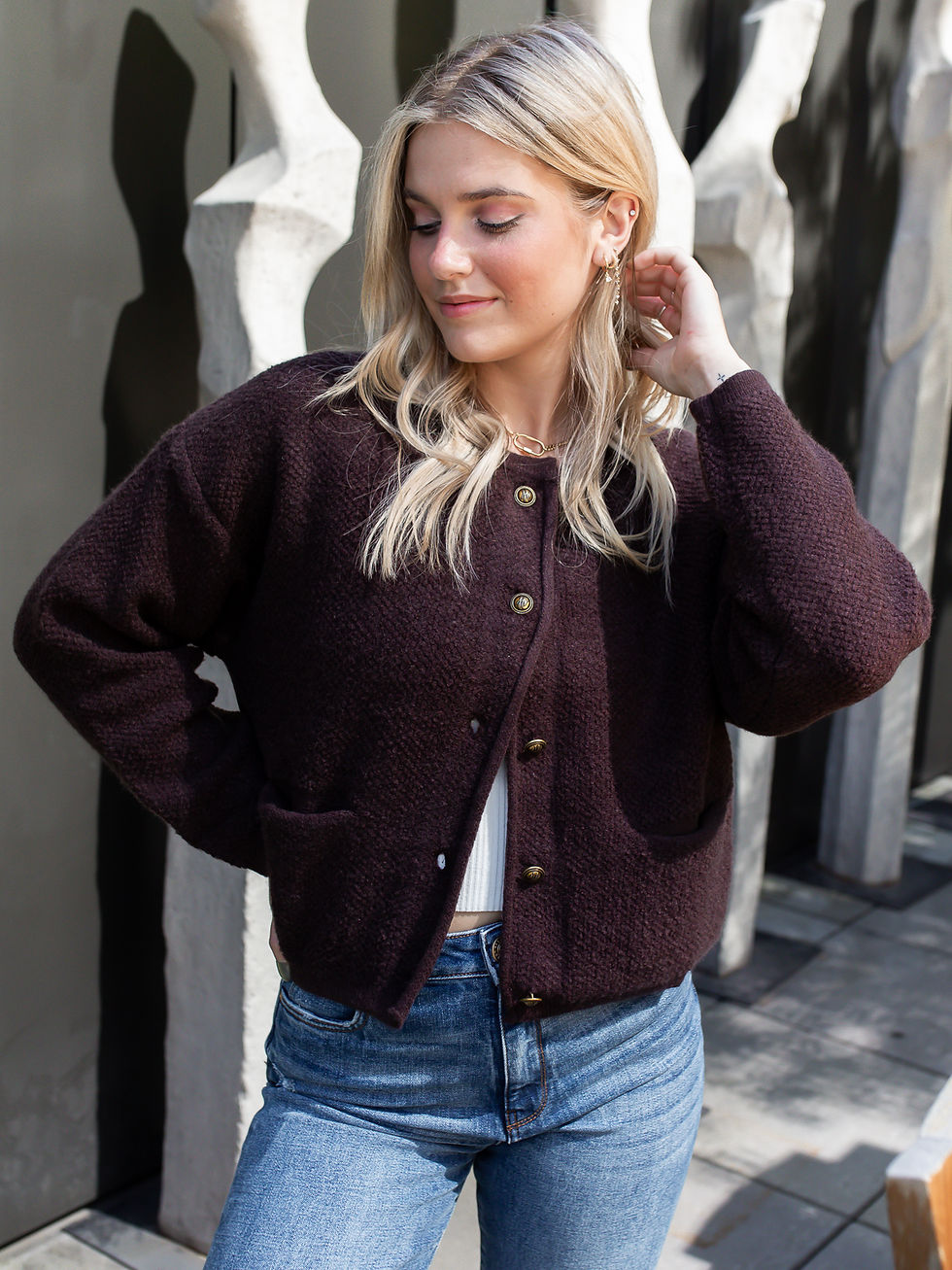 brown cardigan front view