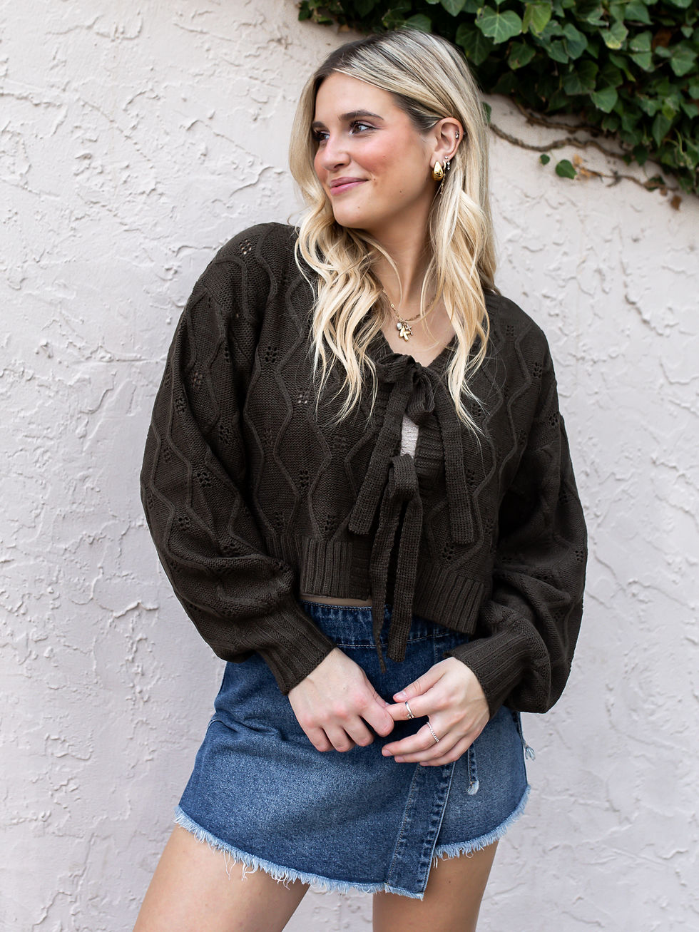 green cardigan front view