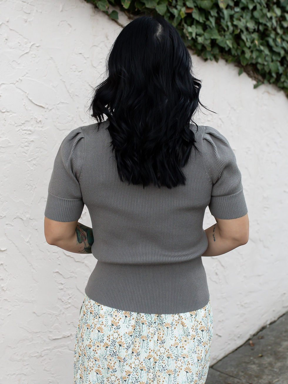 grey cardigan back view