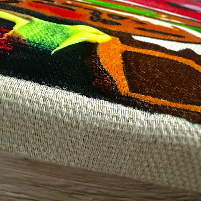 Close-up of artist signature on the back of an abstract acrylic painting on canvas