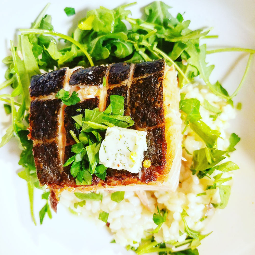 Butter and Herb Poached Salmon with a Parmesan, Truffle Oil Risotto