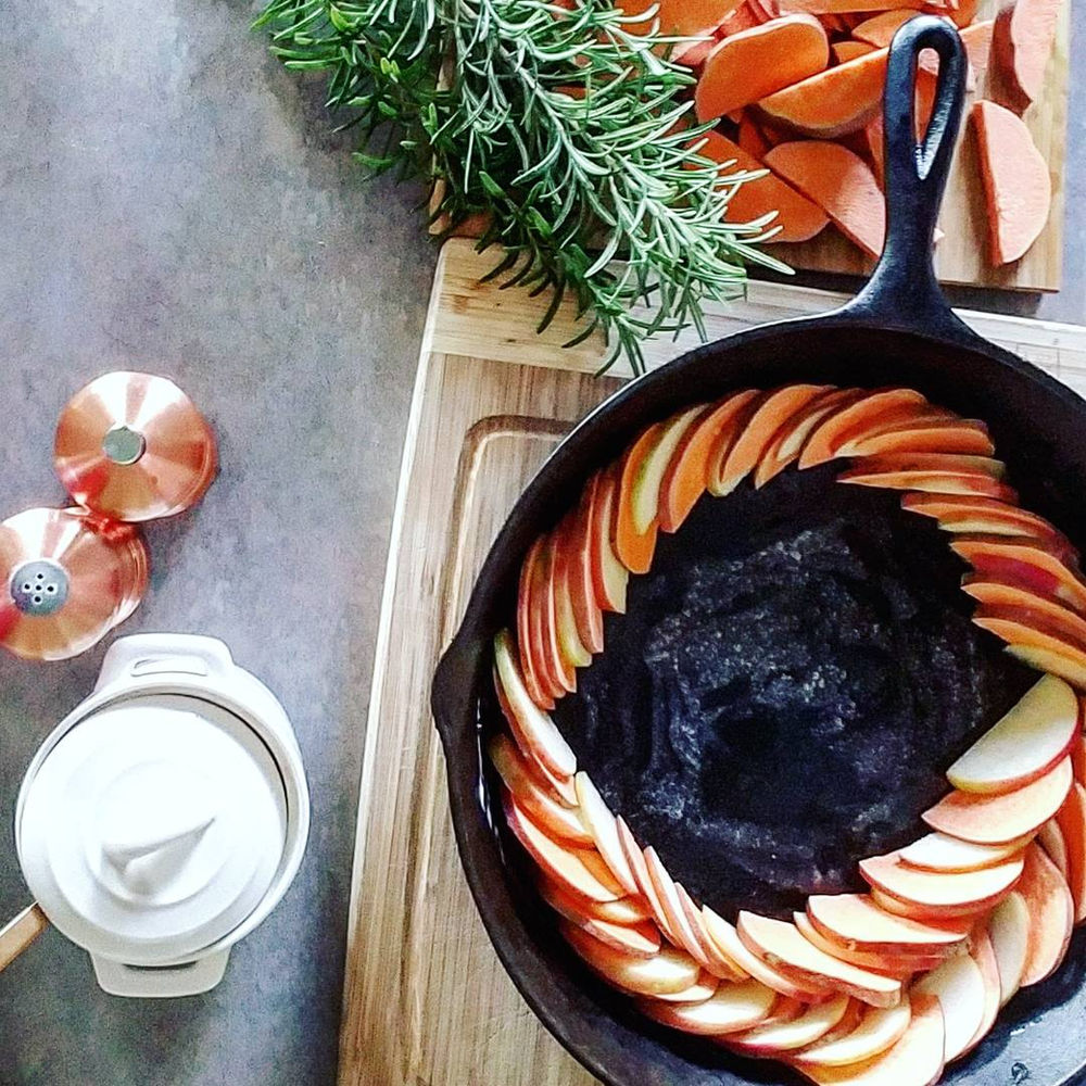 Sweet Potato and Apple Tian with a Plum Glazed Bacon Crumble